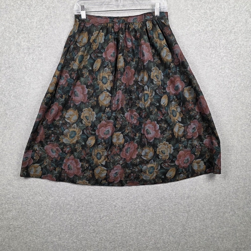 Vintage Floral Skirt‎ Womens Medium Black Goth Midi Cotton USA 80s